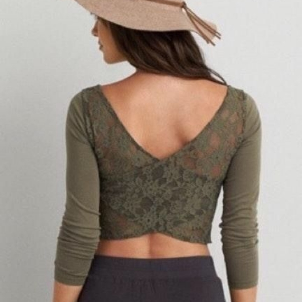 American Eagle olive green lace back crop top